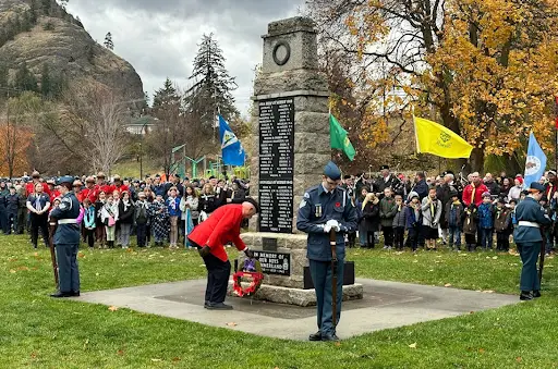 Case of Interest RCMP Veteran Orv Robson of South Okanagan Division laying a wreath on Remembrance Day, November 11, 2024 at Summerland, B.C.<br />